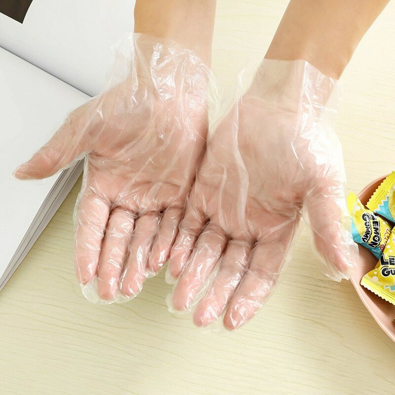 ถุงมือแบบใช้แล้วทิ้งใสเกรดอาหาร100ชิ้นอุปกรณ์ในครัวถุงมือฟิล์มสำหรับทำความสะอาดอาหารเบอร์เกอร์