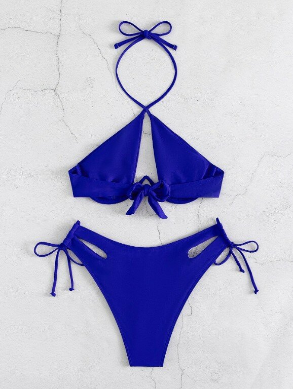 Conjunto de Bikini con realce para mujer, traje de baño Sexy de dos piezas con Tanga, color negro y azul