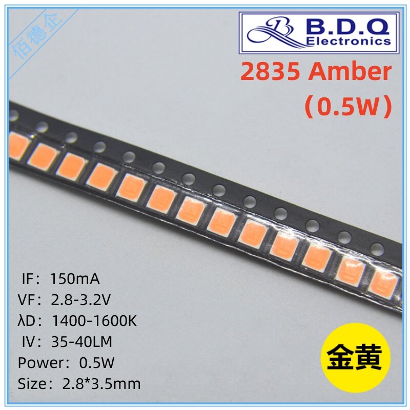 100Pcs SMD LED 2835 0.5W Amber Phosphor 1400-1600K LED Lamp Beads  Size 2835 Light-emitting Diode High Bright Quality