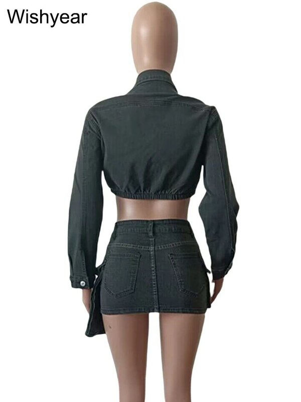 섹시한 나이트 클럽 청바지 재킷 코트 + 스커트 드레스, 여성 복장, 캐주얼 운동복, 바이커 투피스 세트, 신상