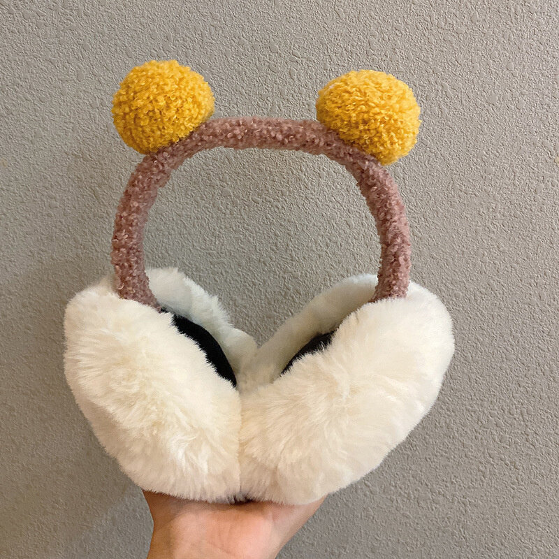 Women Faux Fur Ball Earmuffs Cozy Foldable Winter Headphones Warm Ear Cover Soft Plush Antifreeze Cold Protection for Outdoor