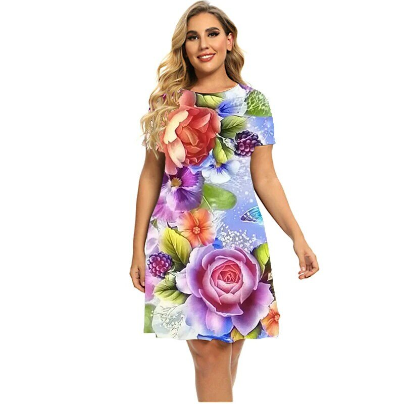 Mini robe décontractée à manches courtes et col rond pour femmes, nouvelle mode, motif Floral, imprimé 3D, forme trapèze, grande taille 6XL, été