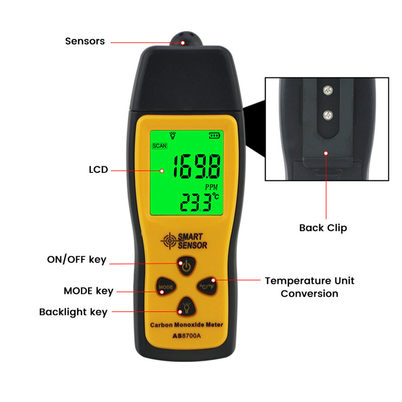 Detector portátil do monóxido de carbono com alarme, medidor do teste do gás de exaustão do carro, sensor esperto, AS8700A, 0a 1000ppm
