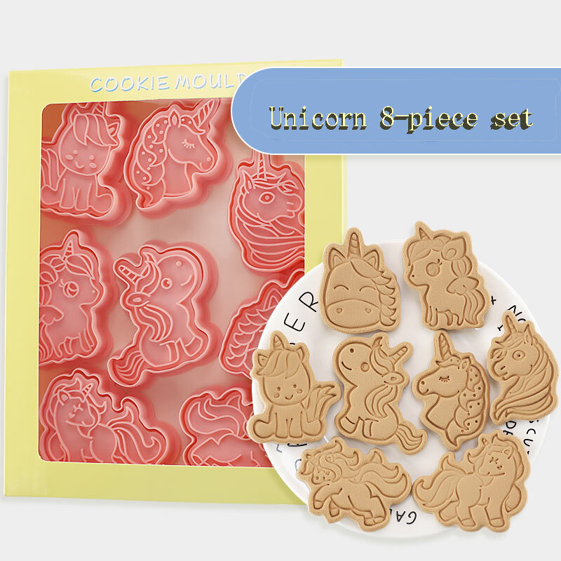 Ensemble de 8 moules à biscuits en forme de licorne, en plastique 3D, dessin animé, Pressable, pour pâtisserie, ustensiles de cuisson