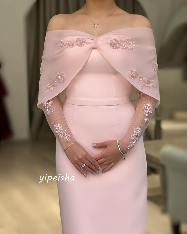 Prom Dress Saudi Arabia Satin Applique Ruched Party A-line Off-the-shoulder Bespoke Occasion Gown Midi Dresses