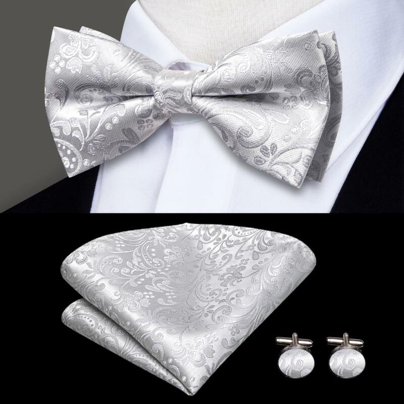 Hi-Tie Jacquard seta argento floreale bretelle da uomo papillon Hanky gemelli Set regolabile 6 clip bretelle per pantaloni regalo Casual