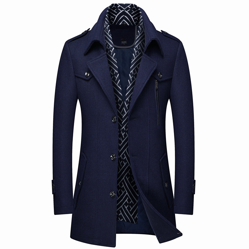 Зимнее мужское шерстяное пальто, модный плотный Тренч средней длины, однотонная теплая верхняя одежда с отложным воротником, деловое повседневное шерстяное пальто для мужчин