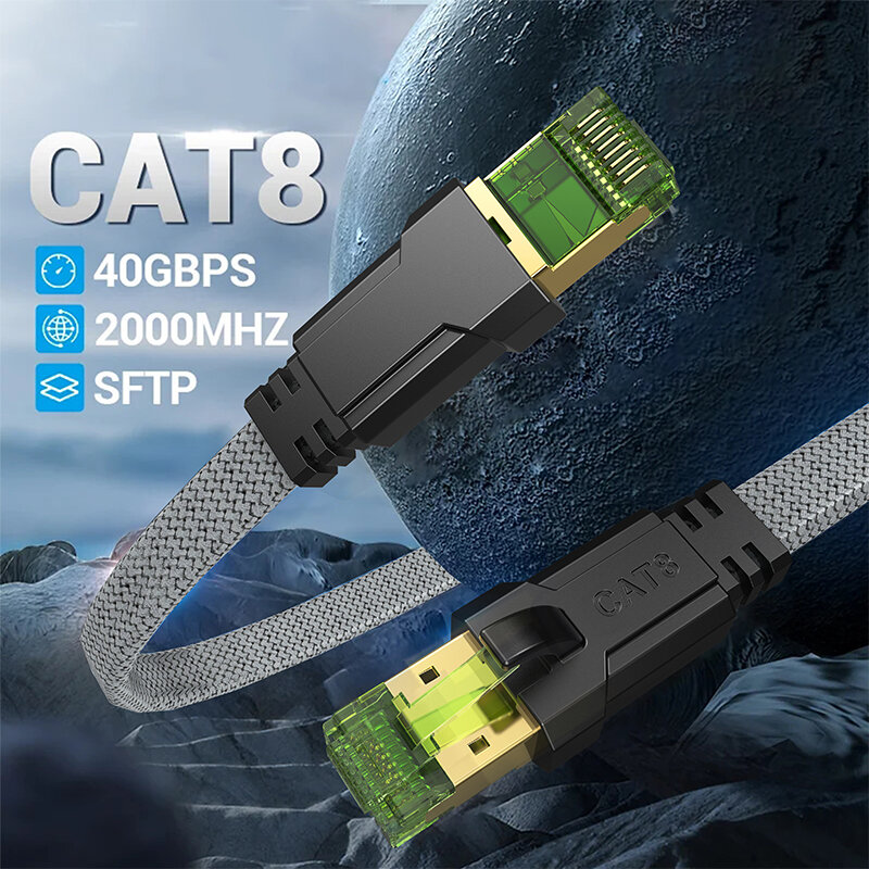 Cabo CYANMI Ethernet Cat 8, 40Gbps 2000MHz cabo de rede RJ45 trançado de alta velocidade, blindado para utilização em interiores e em serviço pesado compatível com jogos de PC, PS5, Xbox, 10m