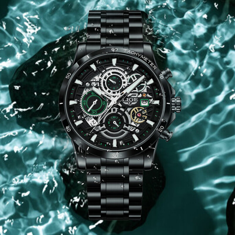 LIGE 인기 남성 밀리터리 스포츠 손목 시계, 충격 방지 방수 풀 스틸 시계, 남성 패션 캐주얼 시계