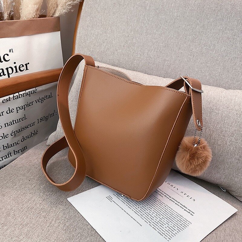 ASDS-Simple Solid Bucket Bags For Women New Design Thread Hair Ball Ladies Shoulder Bag Large Capacity Flap Bags