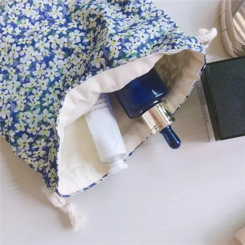Xxxx bolsa de cosméticos con cordón Floral para mujer, organizador de maquillaje de algodón portátil
