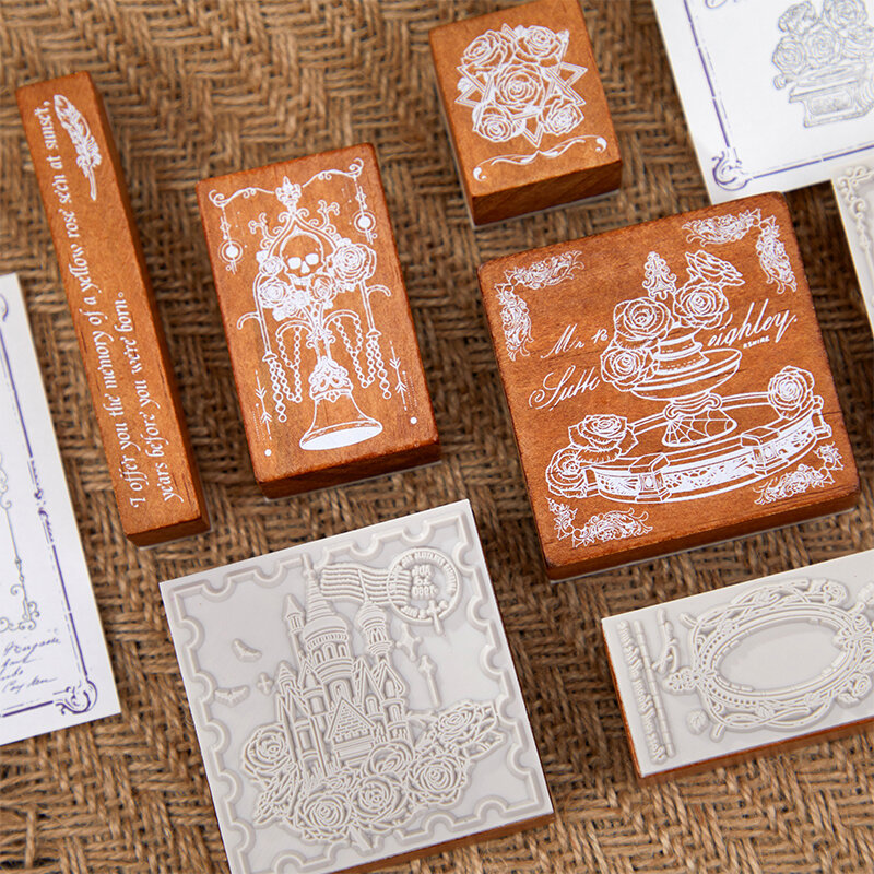 Sello de goma de madera de la serie Temple of Shadows, sellos de bricolaje, papelería, álbum de recortes, sello estándar, 4 paquetes por lote