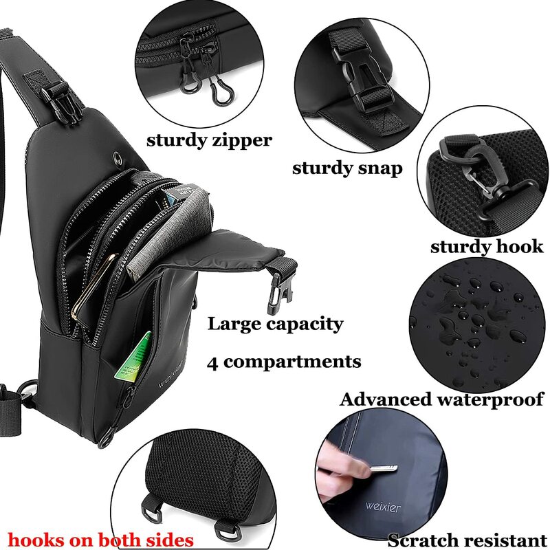 Impermeável Sling Bags Mens Ombro Crossbody Mochila com Porta De Carregamento USB & Fone De Ouvido, Saco Leve Ao Ar Livre