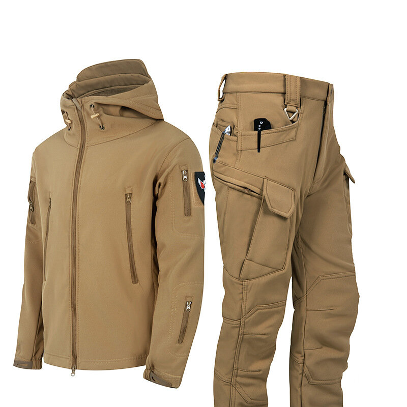 2024 겨울 특수 전술 훈련 소프트 쉘 플러시 두꺼운 방수 방풍 후드 따뜻한 재킷 및 바지, 5XL