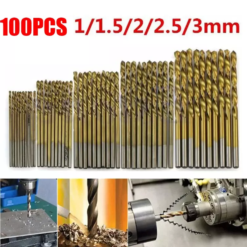 Hot Selling 100Pcs Titanium Coated Drill Bits HSS High Speed Steel Drill Bits Set Tool High Quality Power Tools 1/1.5/2/2.5/3mm