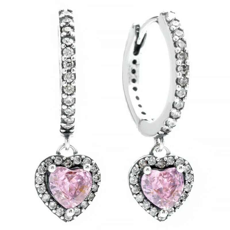 Oryginalny 925 Sterling srebrna iskrząca Halo serce odręczne serce Hoop kolczyki z kryształem dla kobiet popularna biżuteria
