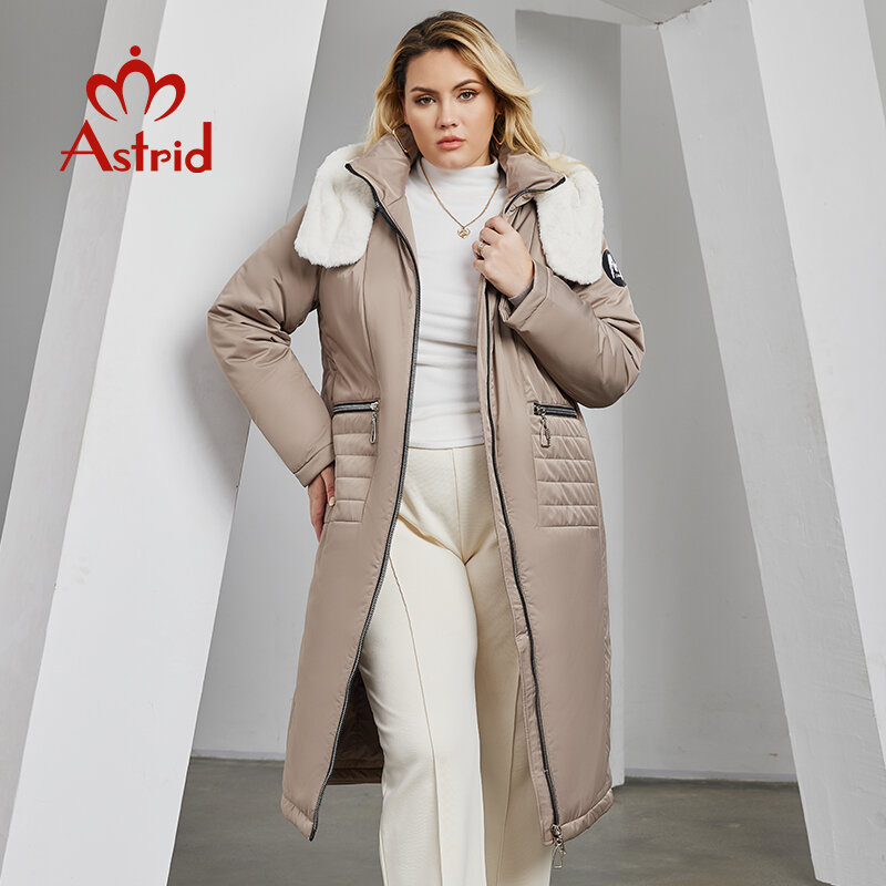 Astrid jaket bertudung untuk wanita, jaket musim dingin 2023 ukuran Plus Bio Down kerah bulu, mantel katun Parka wanita