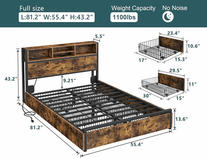 Cadre de lit complet avec planche de sauna, station de charge, rangement, pas de bruit, pas besoin de ressorts de boîte, 6 égouts de proximité