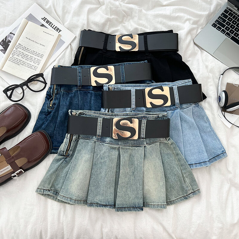 Jeans Skirts Design hot girl fashion letter belt high waist slimming Denim pleated skirt Skort women Faldas Clothes