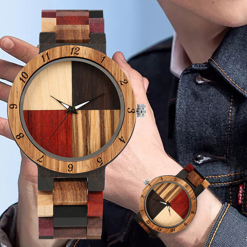 นาฬิกาไม้สำหรับผู้ชายทำมือนาฬิกาไม้ไผ่สีสันสดใสอนาล็อกควอตซ์นาฬิกาไม้ของผู้ชาย