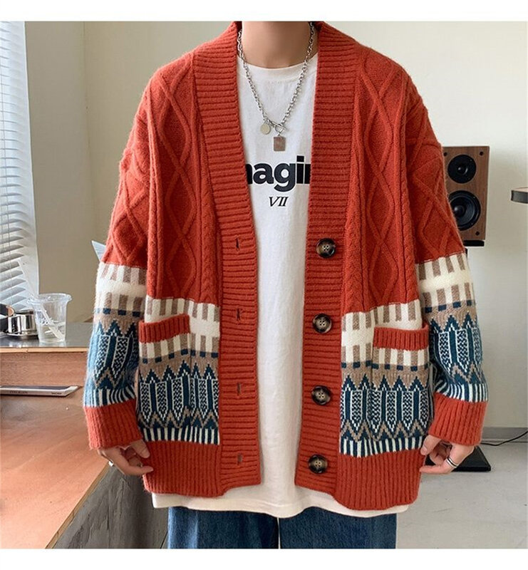 Knitted cardigan men's spring and autumn casual jacket men's sweater trend retro lazy versatile loose sweater