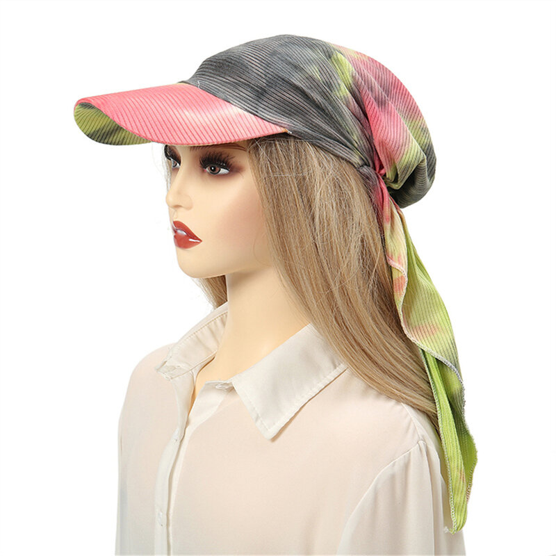 Summer Women Wide Brim Cap Sun Visor with Pre-Tied Turban Caps Head Scarf Windproof Bandana Print Colorful Outdoor Beach Sun Hat