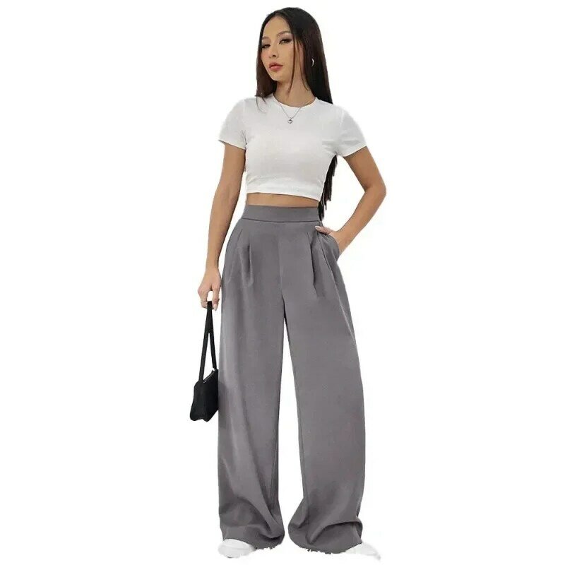 Pantalon large à jambe droite pour femme, taille élastique, poche, style décontracté, streetwear coréen, nouveau, 2024, YSQ29