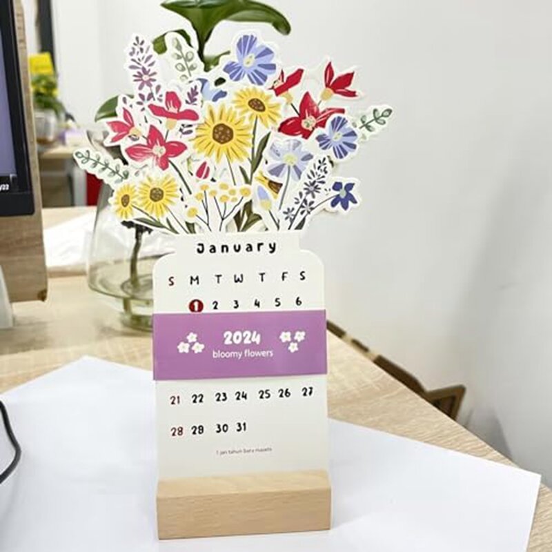 Calendrier de bureau fleur en forme de vase, calendrier mensuel, licence, petit, 2024