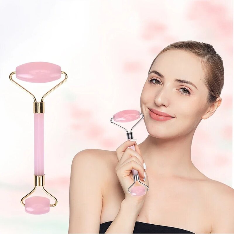 Rouleau de massage facial en pierre de cristal, rose naturelle, pour la peau et le visage