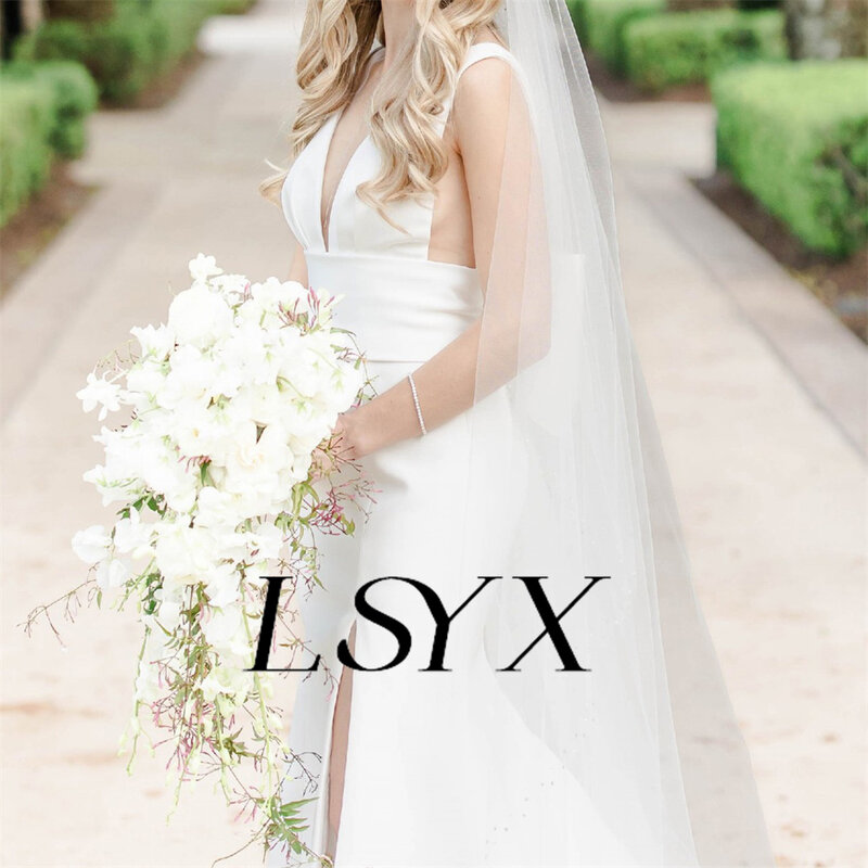 LSYX-Robe de mariée sirène en pansement à col en V profond, fente latérale haute, nœud arrière ouvert, train de cour, robe de patients, sur mesure