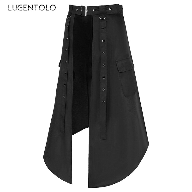 Lugentolo 남성용 다크 록 스커트, 펑크 스팀 고딕 파티 패션, 개성 있는 블랙 리벳 비대칭 하프 스커트, 단색 신상