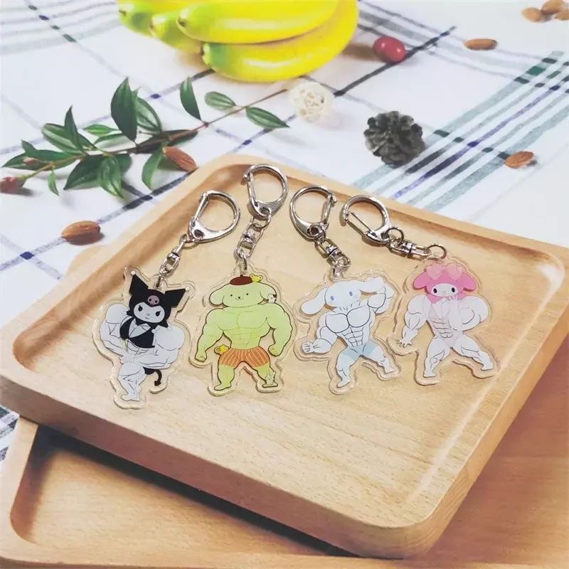 Gantungan kunci otot lucu Anime Hello Kittys Kawaii anak perempuan gantungan kunci kebugaran Macho My Melodys ransel pasangan liontin hadiah mainan