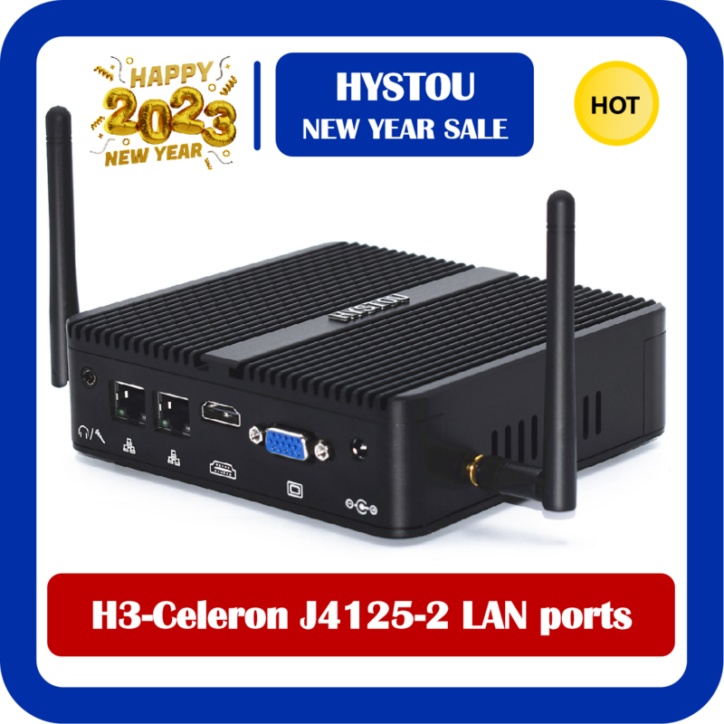 Hystuu Pc Mini prosesor Celeron J4125 industri tanpa kipas DDR4 RAM 8GB SSD 128G 4K Windows 10 VGA HTPC Wifi