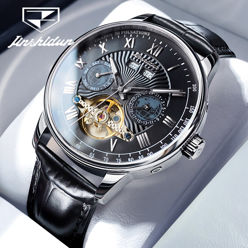 JSDUN jam tangan mekanis otomatis pria, desain Skeleton Flywheel tahan air tanggal tali kulit modis klasik 8919
