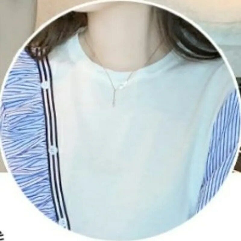 Camiseta feminina irregular listrada, Tops de manga curta, borda plissada xadrez, gola redonda, patchwork, verão, novo, 2022