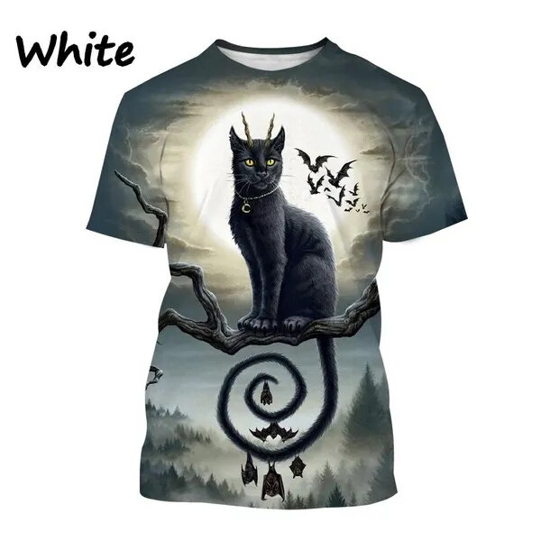 Camiseta con estampado de gato negro en 3D para hombre y mujer, camisa de manga corta con cuello redondo y estampado de gato de dibujos animados, Tops informales a la moda para Halloween, novedad