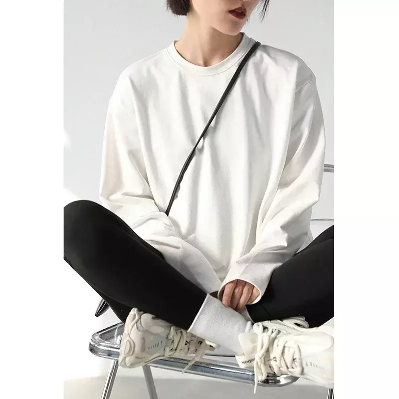 CHIC VEN-Camiseta holgada de manga larga para mujer, Top básico de cuello redondo, camisa de fondo, camiseta informal para mujer, Color sólido, primavera y otoño