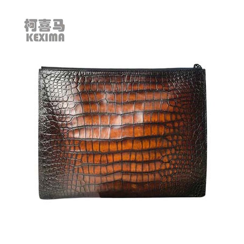 KEXIMA Yongliang ผ้าขนหนูใหม่หนังจระเข้ชายกระเป๋าสตางค์ชายกระเป๋าด้วยตนเองแปรงสีบางส่วนแฟชั่นซิปกระเป๋า