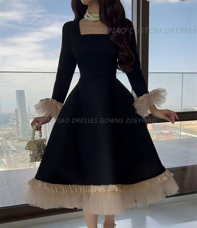 Black Lace Tulle Evening Gown Applique A Line Party Dress Strapless Formal Occasion Casual Dress Full Sleeves Satin  Prom Gowns