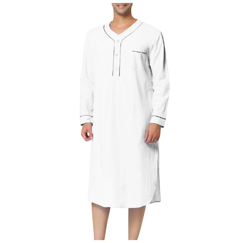 여름 남성 얇은 무슬림 버튼 로브 셔츠, 단색 루즈 긴 소매 로브, 이슬람 사우디 아라비아 홈 카프탄 무슬림 아바야