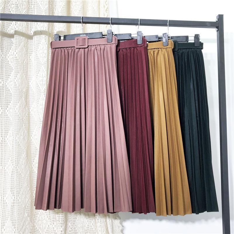 High Waist Women Skirt Casual Vintage Solid Belted Pleated Midi Skirts Lady 9 Colors Fashion Simple Saia Mujer Faldas