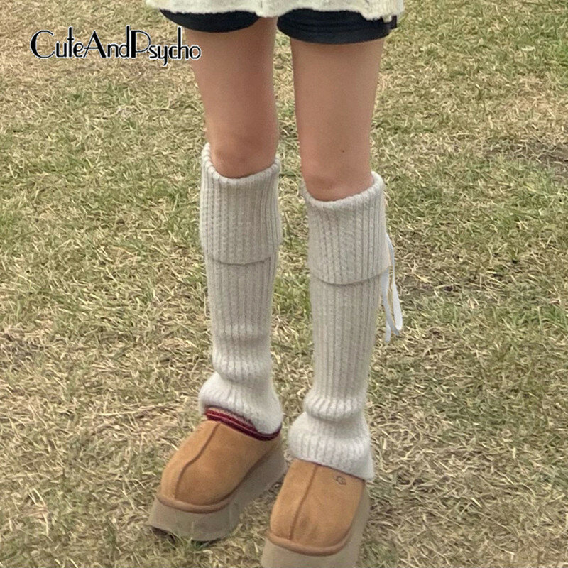 Cuteandpsycho Sweet Lace-up Leg Sleeves Streetwear Solid Chic Skinny Leg Warmers Casual Aesthetic Knitted Winter JK Loose Socks