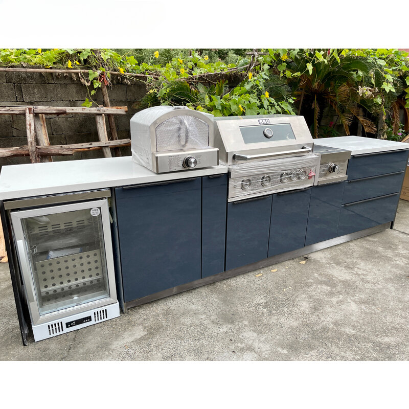 2024 moderno modulare grigio scuro mobili personalizzati cucina all'aperto isola barbecue con lavello e griglia