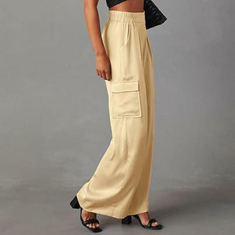 กางเกงขากว้างสำหรับผู้หญิงกางเกงคาร์โก้ลำลองมีกระเป๋าหลายข้างเอวยางยืดสำหรับผู้หญิงทันสมัยใส่สบาย