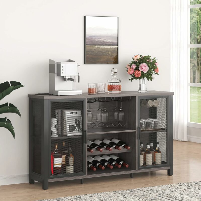 55" Industrial Bar Cabinet, Wine Table for Liquor & Glasses, Wood Sideboard Buffet Coffee Cabinet with Wine Rack, Black