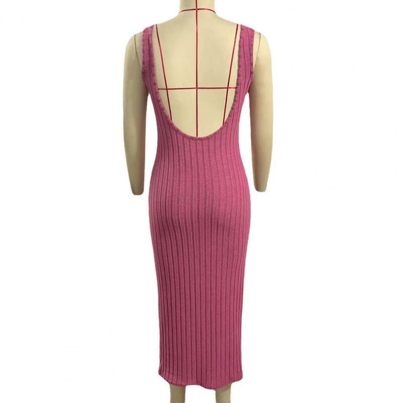 Summer Skinny Dress Elegant Striped Maxi Dress for Women O Neck Sundress with Slim Waist Backless Vacation Dress for Summer