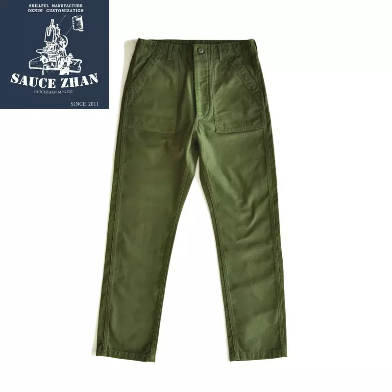 SauceZhan homens cetim algodão calças militares, fadiga calças utilitário, Herringbone Baker calças, azeitona, clássico, azeitona, reto Fit, OG-107