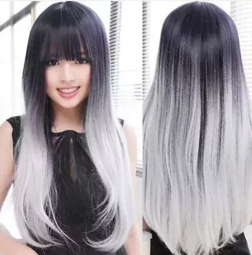 Peruca de cabelo reta longa para mulheres, peruca completa anime, preto e prata, cosplay, frete grátis