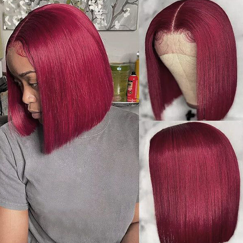 Perruque Bob Lace Front Wig péruvienne naturelle, cheveux courts lisses, rouge bordeaux 99J, 13x6x1, pre-plucked, Transparent HD, pour femmes
