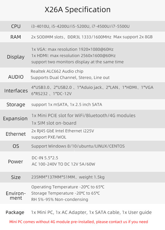 Mini PC industriel sans ventilateur 4th/5th Intel Core i7-4500U/5500U 6x COM 2x LAN Support WiFi 4G Tech epslot Windows Ubunary